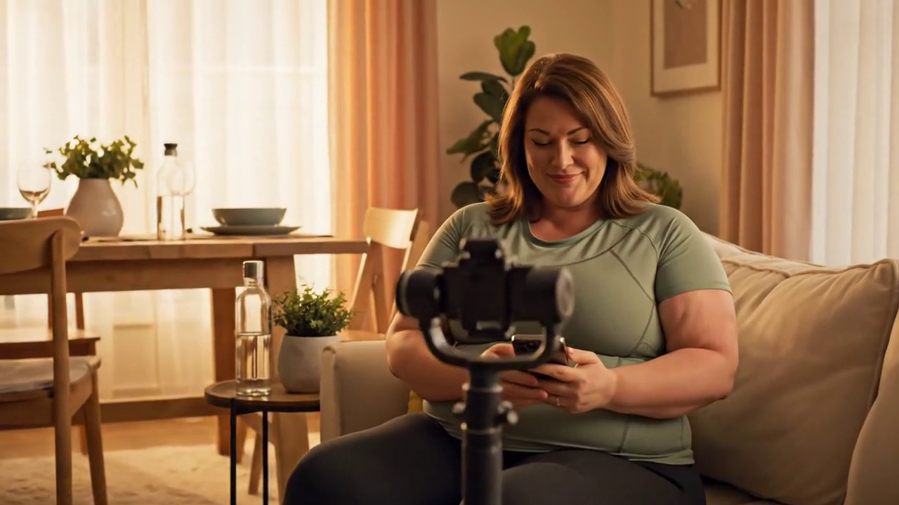 A woman sits on a sofa in her warm living room and looks at the Momentum Plus app on her phone.